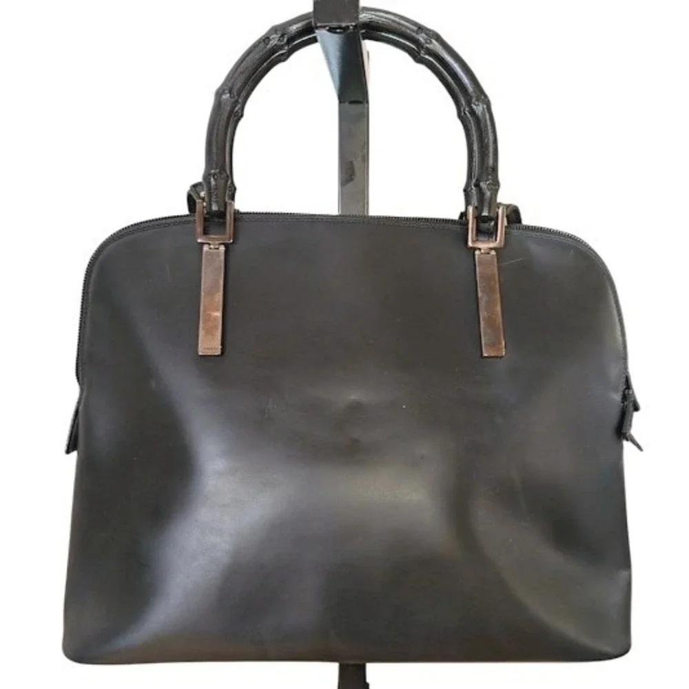 Gucci Vintage‎ Black Leather Bamboo Handle Satchel Crossbody Bag 000-0836 001364